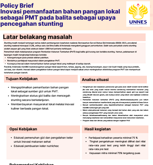 POLICY BRIEF INOVASI PEMANFAATAN BAHAN PANGAN LOKAL SEBAGAI PMT PADA BALITA SEBAGAI  UPAYA PENCEGAHAN STUNTING